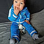 baby, blue_eyes, blue_tracksuit, child, clothing, comfortable, cozy, curious_expression, cute, face, hand_in_mouth, indoor, pacifier, person, portrait, sitting, socks, soft_blanket, toddler, young_child
