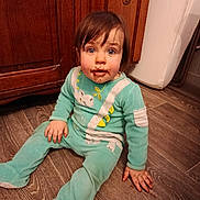 Maël a rejoint le concours — aidez-le/la à gagner de superbes lots ! toddler, child, floor, wooden_floor, blue_onesie, dinosaur, face, messy_face, chocolate, sitting, indoor, cabinet, furniture, hand, footwear, cute, expression, young_child, portrait, home