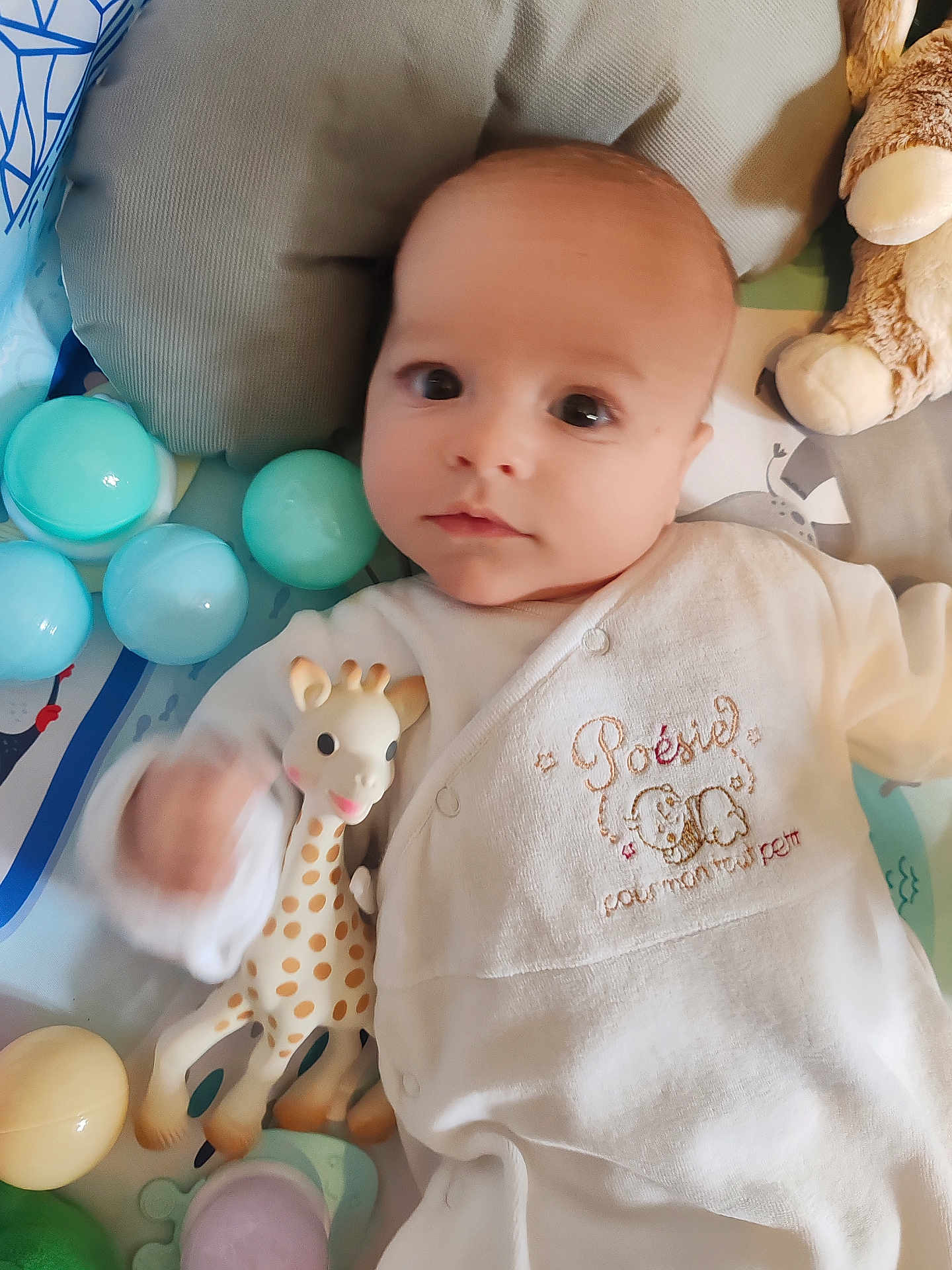 Malo a rejoint le concours — aidez-le/la à gagner de superbes lots ! baby, infant, toy, giraffe_teether, play_mat, balls, stuffed_animal, onesie, child, cute, face, hand, lying_down, soft_toys, indoor, colorful, expression, clothing, head, young