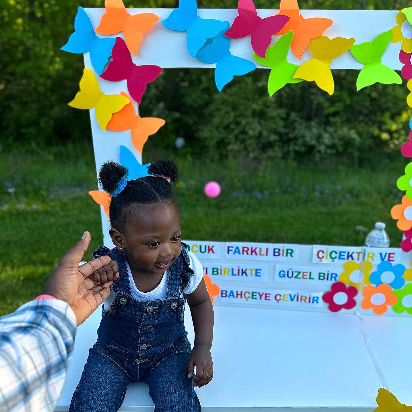 Halimat is registered to the contest to win money with this photo: bench, butterflies, child, colorful, cute, daylight, decoration, denim, grass, greenery, hair_ties, hand, nature, outdoor, overalls, park, playful, smile, toddler, white_shirt