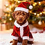 animal, brown_dog, celebration, christmas_tree, costume, curly_hair, cute, decorations, dog, festive, fluffy_surface, holiday, indoor, lights, pet, portrait, santa_hat, santa_suit, seasonal, winter