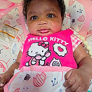 Kaycee joined the competition — help win amazing prizes! baby, infant, child, portrait, lying_down, wide_eyed, pink_clothing, hello_kitty, bib, blanket, pillow, bed, nursery, indoor, adult_hand, patterned_fabric, cute, photograph, close_up, smiling