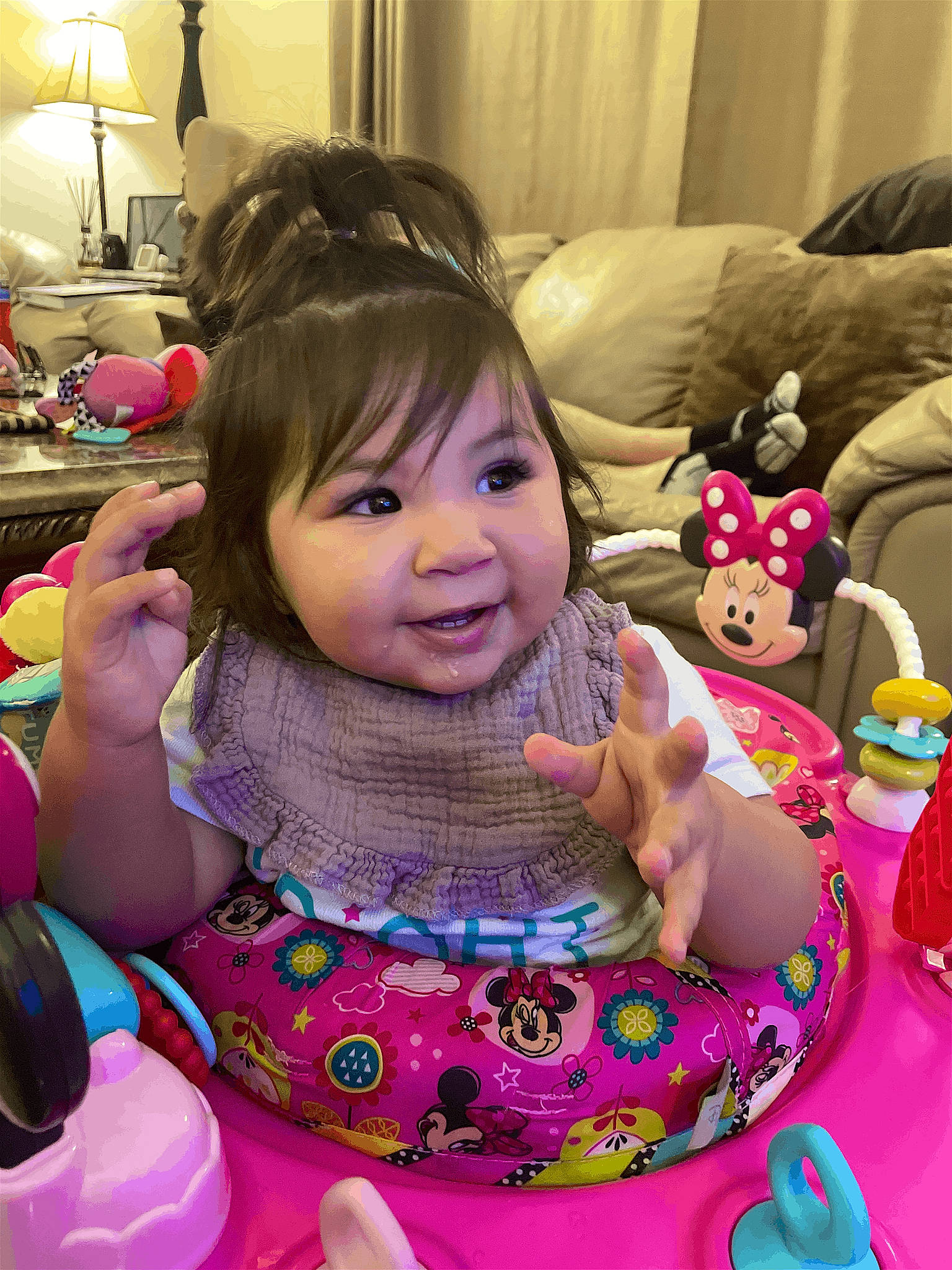 Selena is registered to the contest to win money with this photo: baby, baby_toddler_clothing, birthday, chair, cheek, child, event, fun, happy, joy, lamp, leisure, people, person, pink, purple, sitting, skin, smile, sweetness