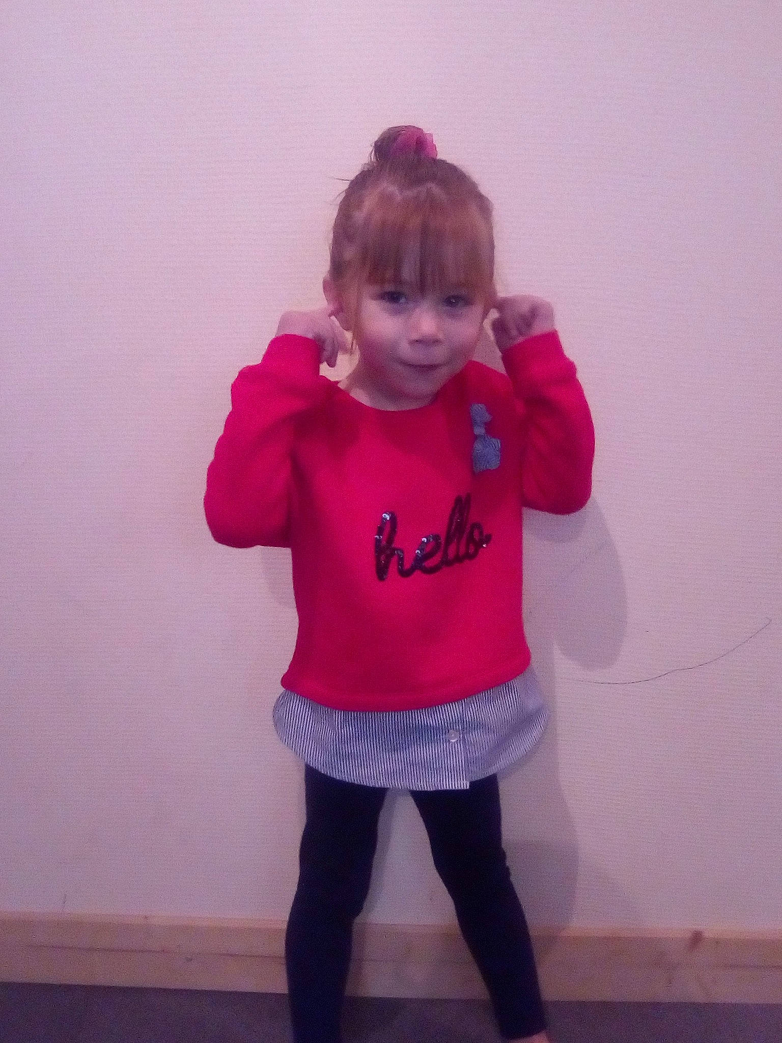 Rosalie participe au concours pour gagner de l'argent avec cette photo : arm, child, clothing, day, girl, joint, magenta, outerwear, person, pink, product, purple, red, shoulder, sleeve, standing, t_shirt, textile, tights, toddler