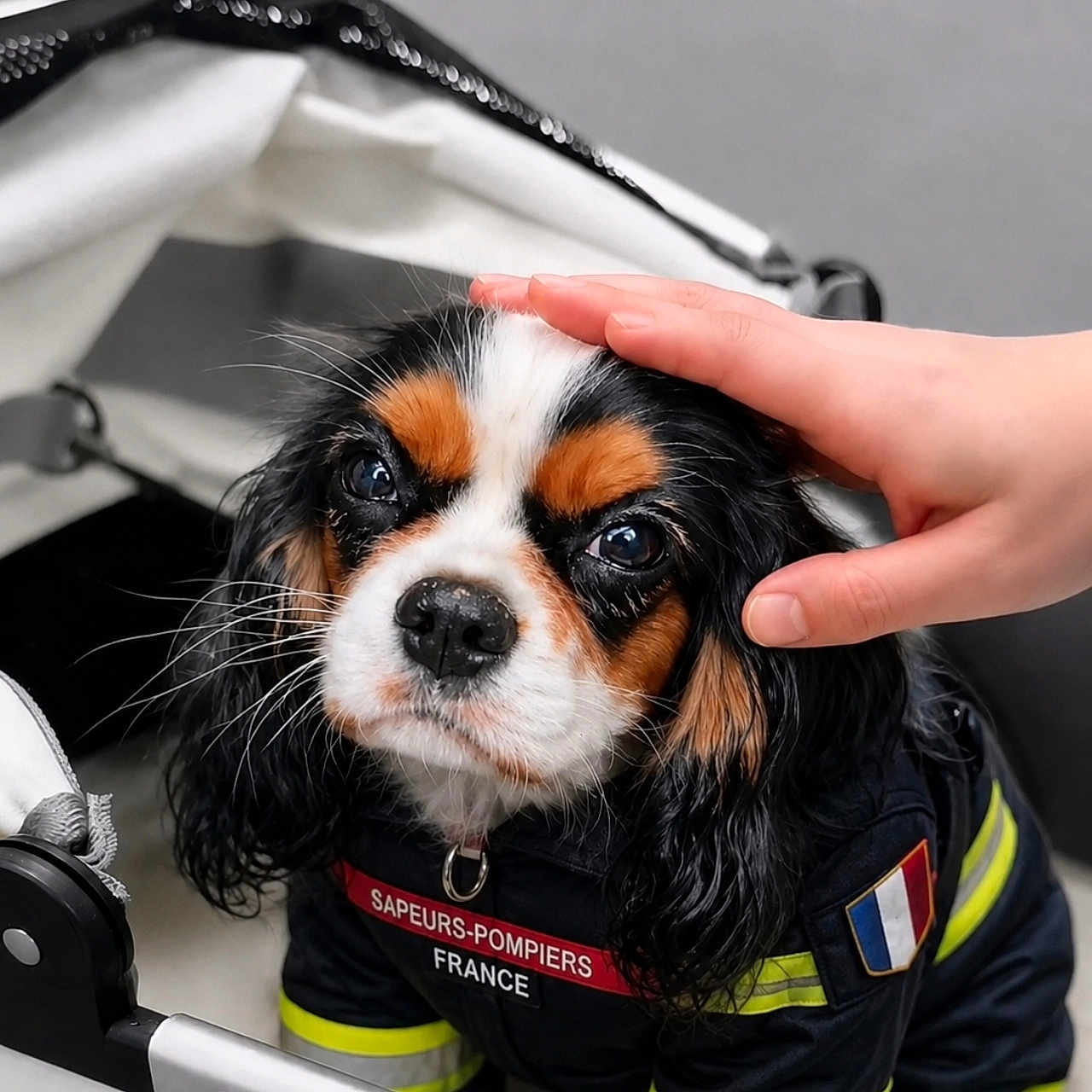 Louky a rejoint le concours — aidez-le/la à gagner de superbes lots ! adorable, animal, black_white_brown, canine, cavalier_king_charles_spaniel, close_up, clothing, costume, cute, dog, eyes, face, firefighter_uniform, friendly, fur, hand, indoor, pet, portrait, whiskers