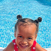 Avianna is registered to the contest to win money with this photo: child, face, fun, girl, hair_buns, happy, outdoor, person, playful, polka_dot, portrait, red_swimsuit, skin, smiling, summer, sunlight, swimming_pool, water, water_droplets, young