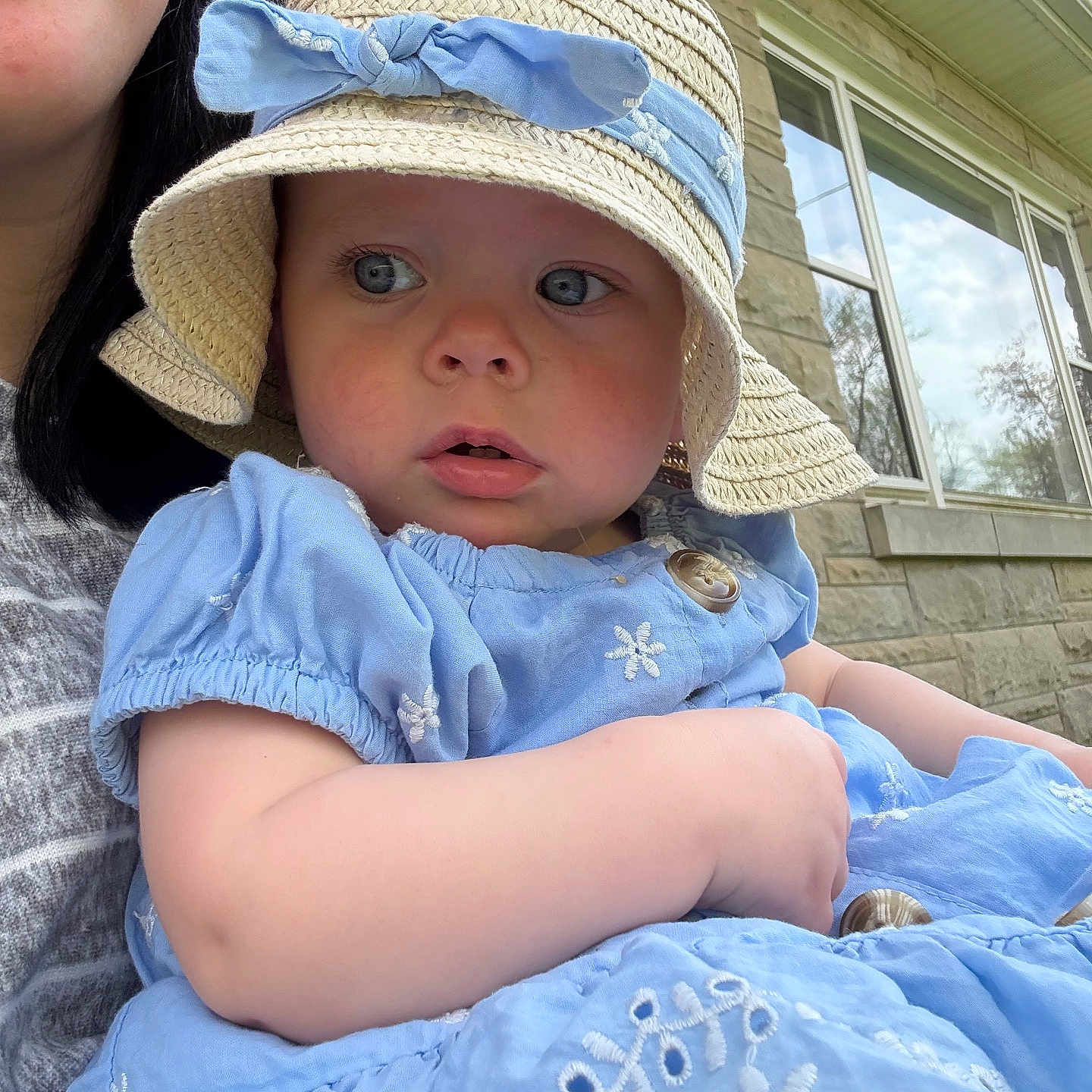 Sophia joined the competition — help win amazing prizes! accessories, architecture, baby, bonnet, cap, clothing, costume, dress, face, glasses, grass, hat, head, person, photography, plant, portrait, sitting, summer, sunhat
