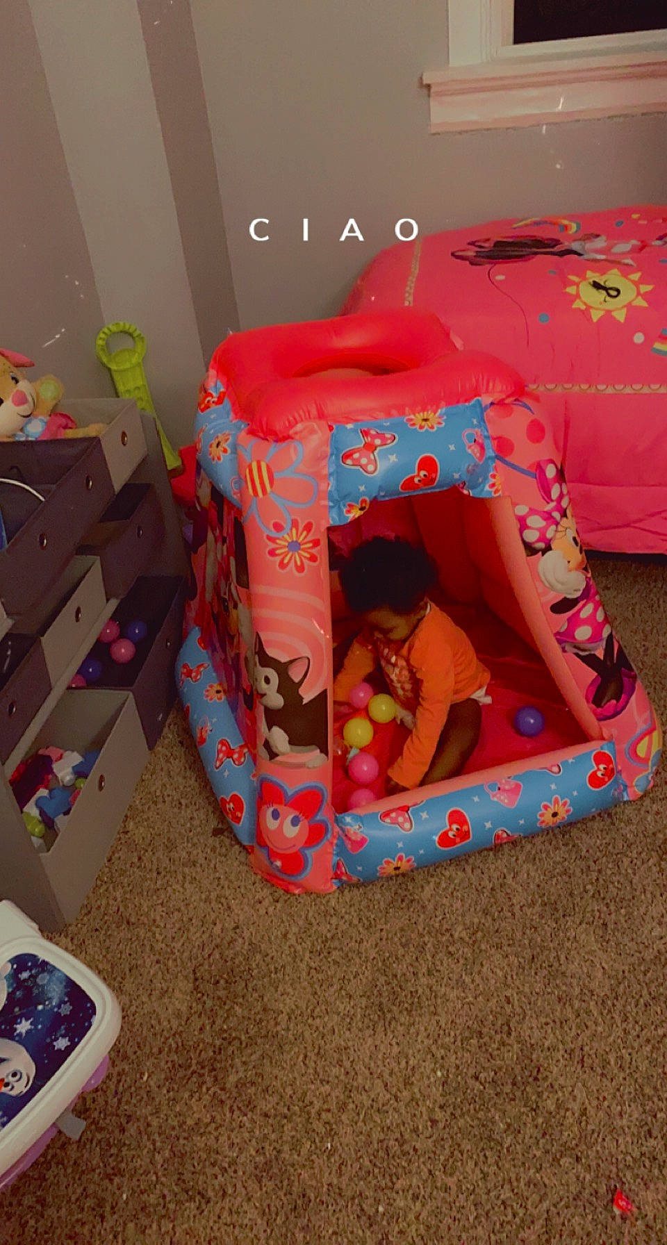 Maddalionn is registered to the contest to win money with this photo: baby_products, baby_toddler_clothing, baby_toys, box, cardboard, carton, child, comfort, event, flooring, fun, leisure, magenta, packing_materials, person, play, product, shipping_box, stuffed_toy, toddler