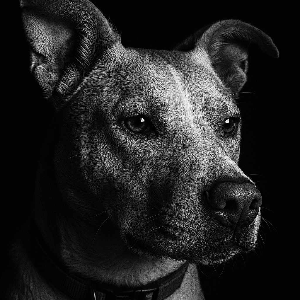 Chowder joined the competition — help win amazing prizes! dog, portrait, close_up, black_and_white, pet, animal, fur, ears, nose, whiskers, collar, muzzle, canine, expression, studio_lighting, monochrome, profile, intense_look, dark_background, detailed