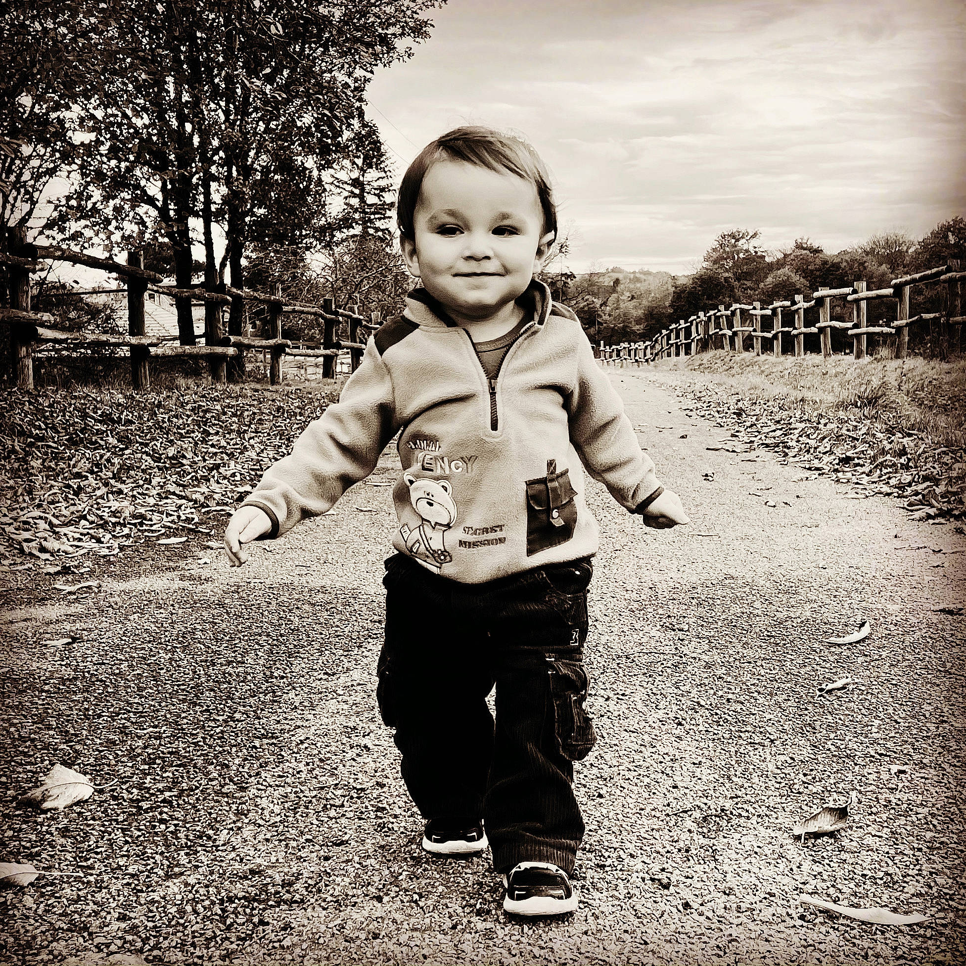 Liam participe au concours pour gagner de l'argent avec cette photo : baby, black_and_white, child, cloud, flash_photography, fun, gesture, grass, happy, joy, monochrome, monochrome_photography, people_in_nature, person, playing_with_kids, sky, smile, standing, style, tints_and_shades