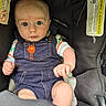 baby, baby_face, car_seat, child, clothing, curious, cute, denim_overalls, hands, indoors, infant, person, portrait, seated, sitting, soft_toy, striped_shirt, warning_label, wide_eyes, young_child