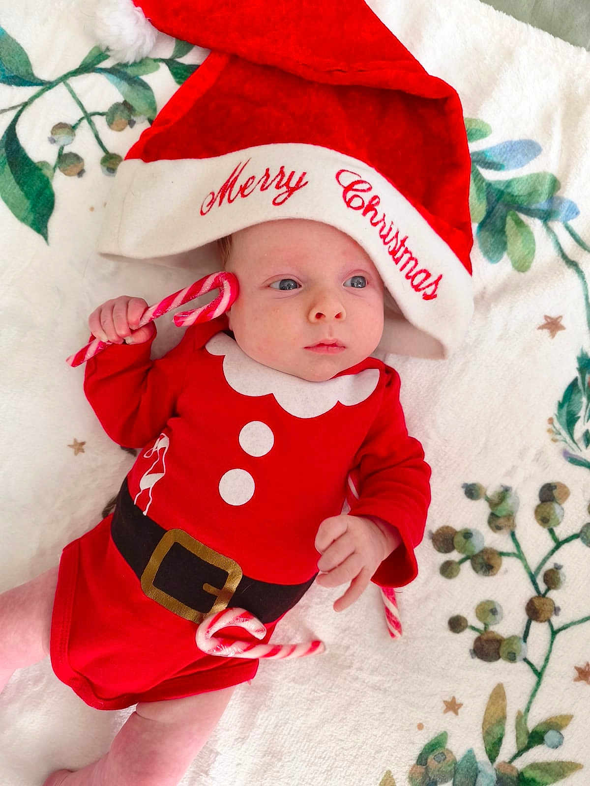Pablo participe au concours pour gagner de l'argent avec cette photo : baby, infant, christmas, santa_hat, red_clothing, candy_cane, holiday, festive, blanket, greenery, berries, cute, lying_down, holiday_outfit, celebration, child, toddler, face, headwear, seasonal