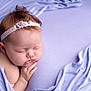 baby, sleeping, headband, flower, pastel, lavender, blanket, soft, cute, newborn, peaceful, portrait, infant, child, skin, hand, face, rest, cozy, closeup