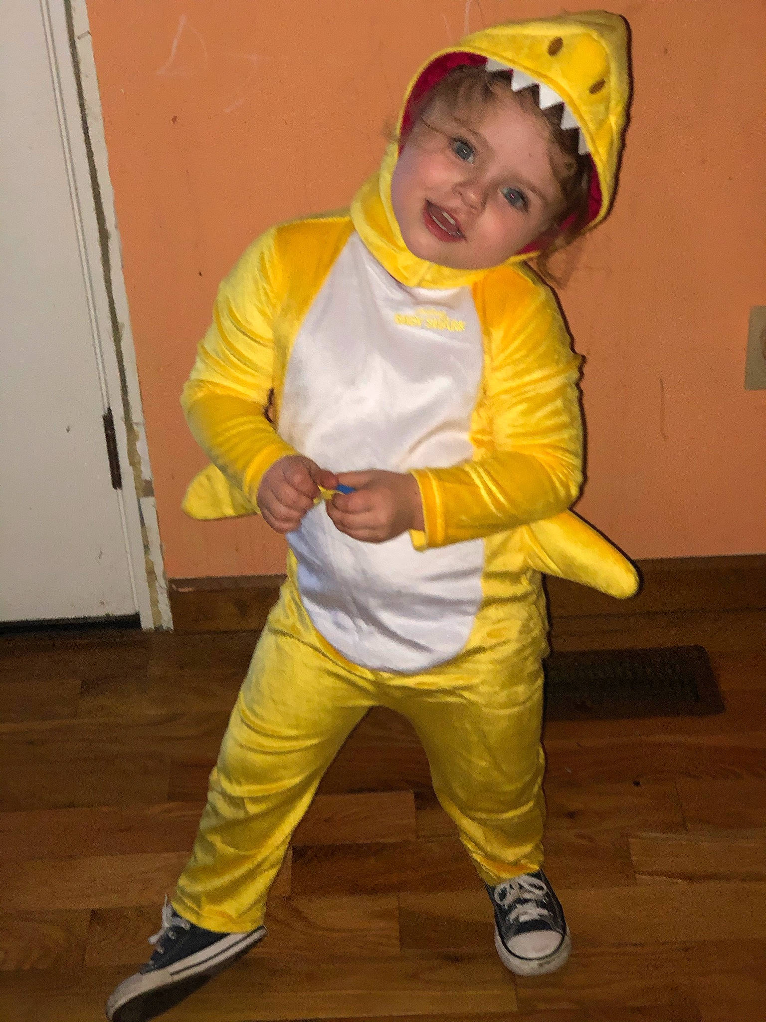Breanna is registered to the contest to win money with this photo: active_pants, cap, child, eye, flooring, fun, happy, hat, headgear, martial_arts_uniform, person, shoe, sleeve, smile, sportswear, t_shirt, thumb, toddler, uniform, white