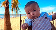 Ayden participe au concours pour gagner de l'argent avec cette photo : baby, child, person, beach, sand, palm_tree, sky, outdoor, sunny, clothing, overalls, blue_sky, summer, vacation, nature, portrait, holding, hand, toddler, casual