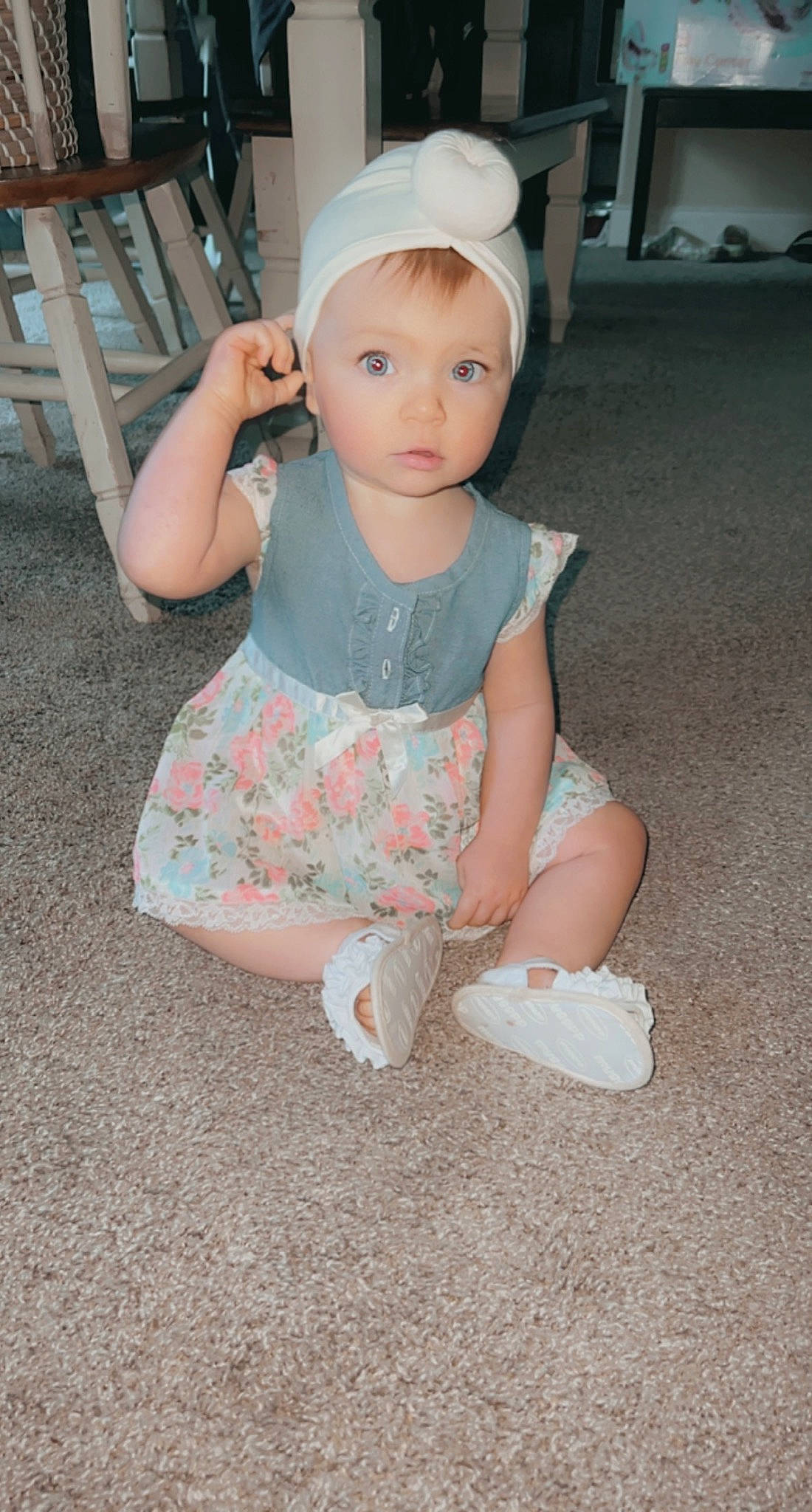 Temperance joined the competition — help win amazing prizes! baby, baby_toddler_clothing, cap, cheek, child, eye, flash_photography, flooring, foot, fun, headgear, human_leg, iris, knee, pattern, person, sitting, sleeve, sock, thigh