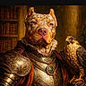 animal, armor, bird, bookshelf, brown, costume, dog, falcon, fancy, fierce, gold, historic, indoor, knight, library, medieval, noble, pet, portrait, regal