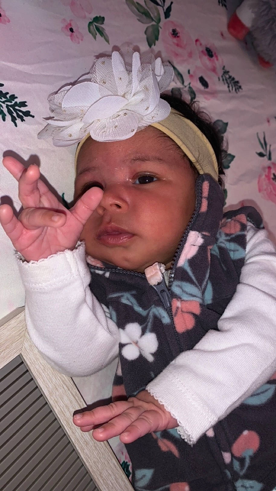 Kaliyah is registered to the contest to win money with this photo: baby, cap, cheek, child, costume_hat, eyelash, fashion_accessory, finger, fun, gesture, happy, headpiece, headwear, iris, mouth, pattern, person, pink, skin, thumb