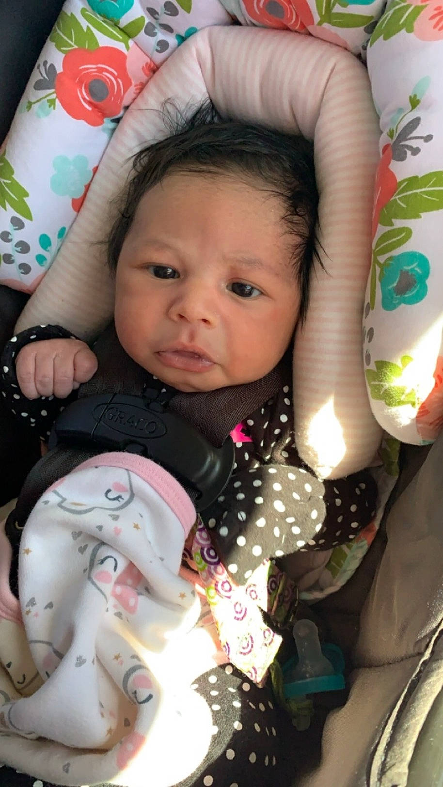 Kaliyah joined the competition — help win amazing prizes! baby, baby_products, baby_toddler_clothing, beauty, black_hair, cheek, child, chin, eyelash, hair, happy, lip, mouth, nose, pattern, person, pink, product, skin, textile