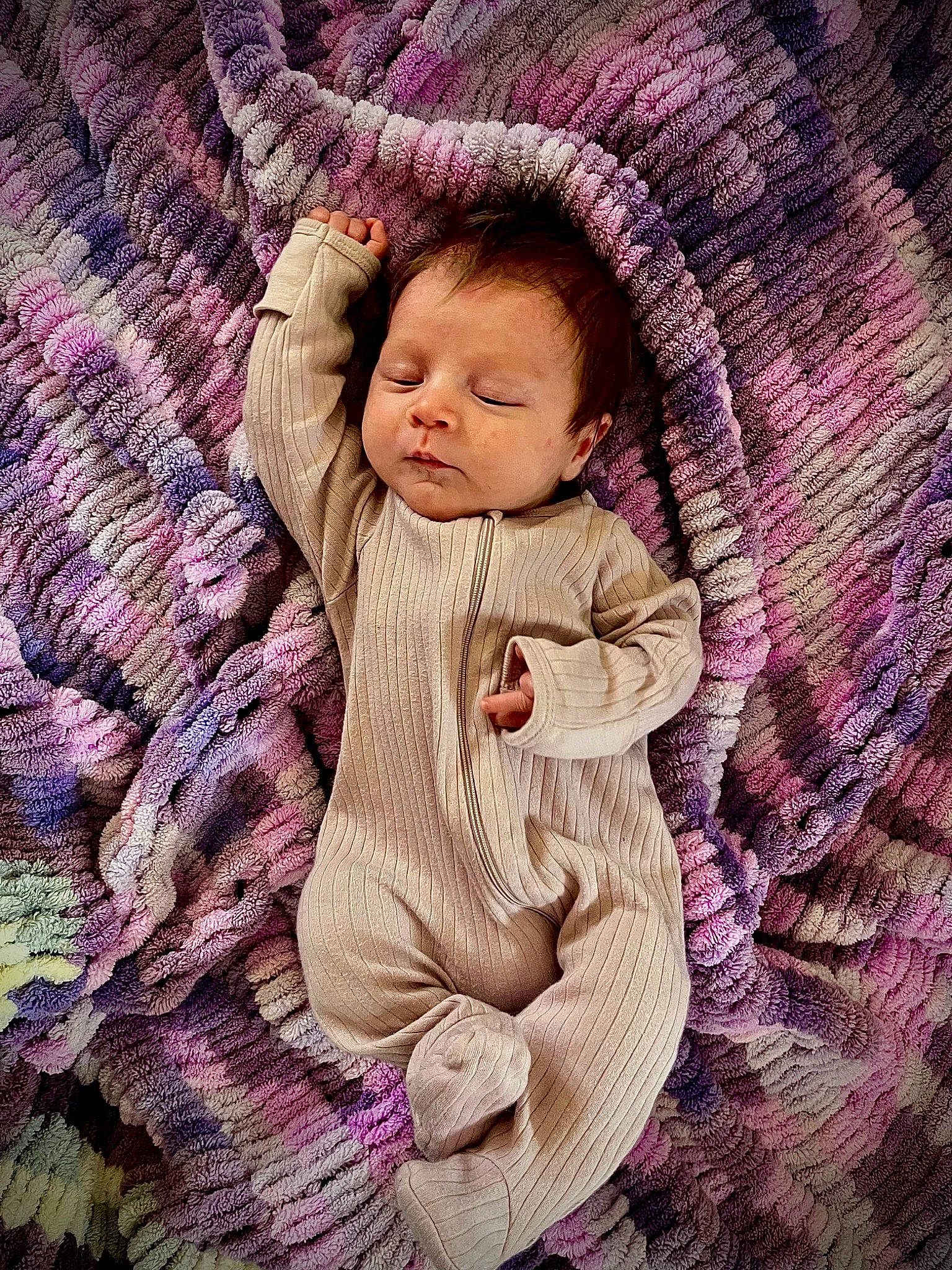 Sadie joined the competition — help win amazing prizes! baby, baby_toddler_clothing, cap, comfort, grass, human_body, jacket, linens, mammal, outerwear, pattern, person, pink, plant, purple, sleeve, textile, toddler, tree, violet