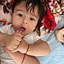 baby, infant, child, blanket, foot, hand, bracelet, skin, face, mouth, hair, white_clothing, curious, laying_down, indoors, cute, expression, closeup, person, soft_texture