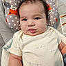 baby, infant, child, portrait, face, tongue_out, looking_at_camera, awake, smiling, chubby_cheeks, dark_hair, onesie, clothing, cushion, baby_seat, fox_pattern, polka_dots, indoor, close_up, safety_label