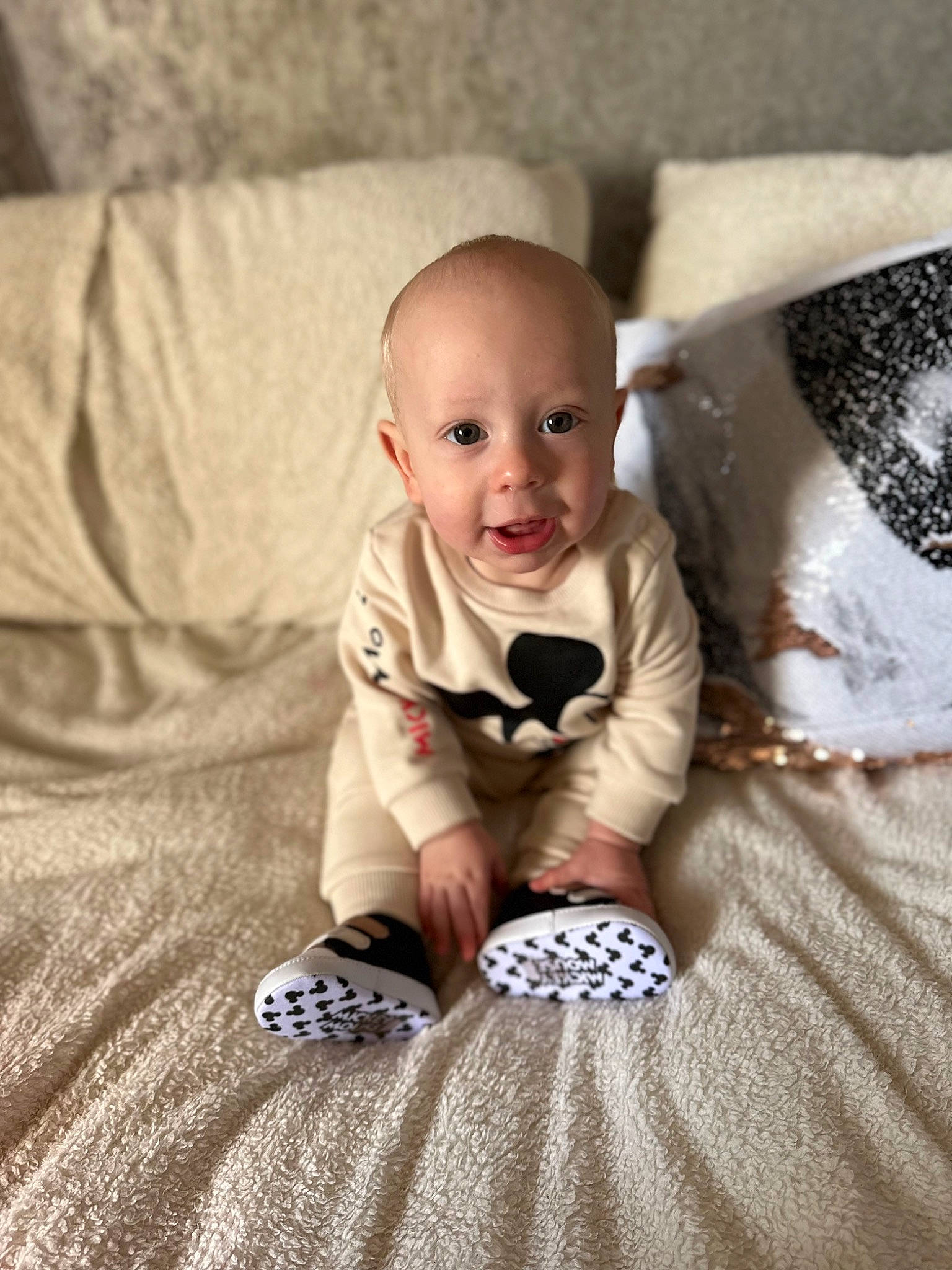 Cillian joined the competition — help win amazing prizes! baby, baby_toddler_clothing, bedding, child, comfort, flash_photography, flooring, fur, happy, linens, pattern, person, portrait_photography, room, sitting, skin, sleeve, smile, t_shirt, toddler