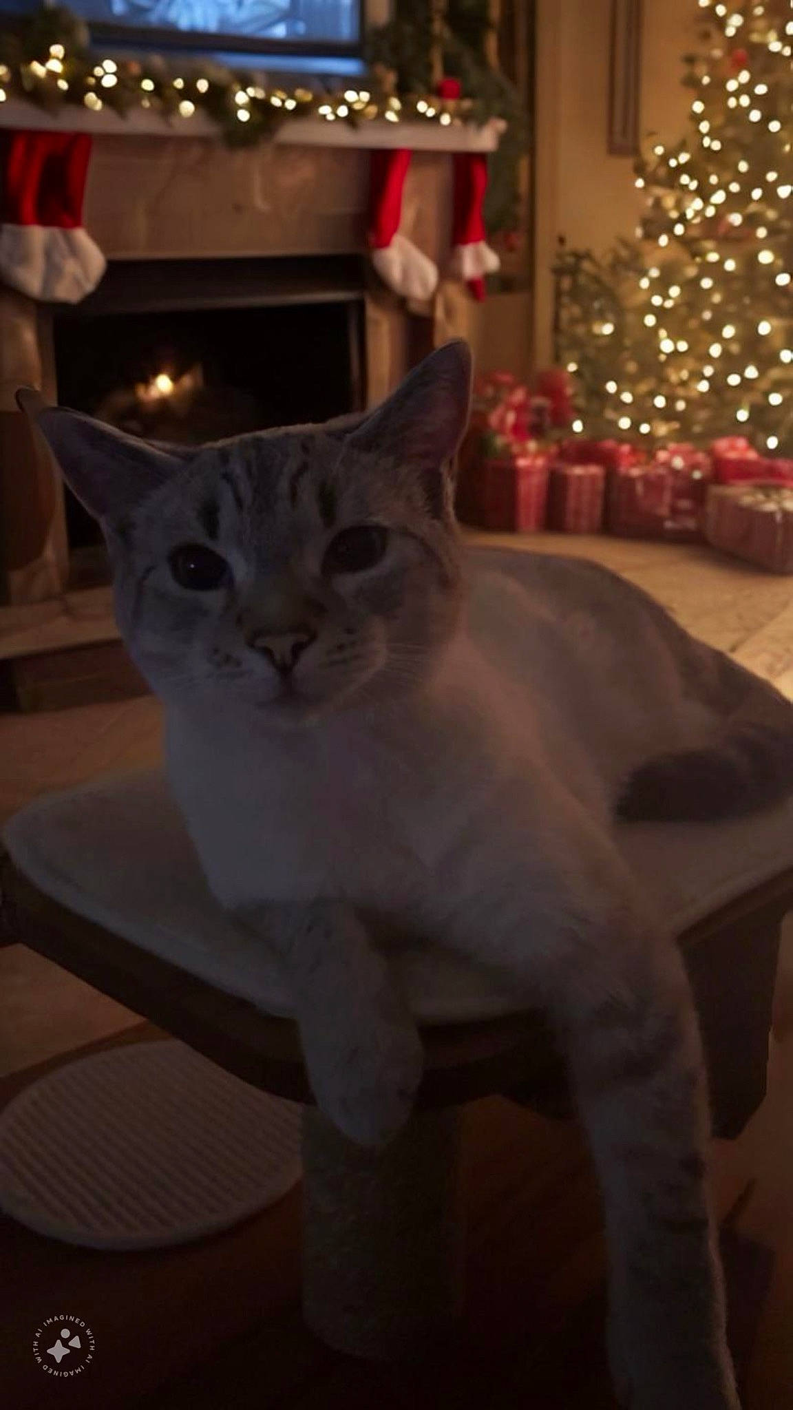 Sea Biscuit is registered to the contest to win money with this photo: art, carnivore, cat, christmas, christmas_decoration, christmas_ornament, christmas_tree, domestic_short_haired_cat, event, felidae, fur, holiday, holiday_ornament, light, lighting, sculpture, small_to_medium_sized_cats, tail, whiskers, wood