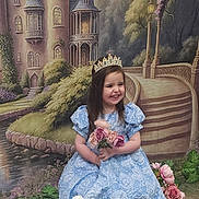 Kenzie joined the competition — help win amazing prizes! child, girl, princess, blue_dress, tiara, flowers, bouquet, smiling, castle_backdrop, fairy_tale, decorations, flower_arrangement, happy, portrait, indoor, costume, young_child, cute, sitting, playful