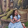 child, girl, princess, blue_dress, tiara, flowers, bouquet, smiling, castle_backdrop, fairy_tale, decorations, flower_arrangement, happy, portrait, indoor, costume, young_child, cute, sitting, playful