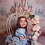 Kenzie is registered to the contest to win money with this photo: child, girl, princess, crown, blue_dress, carriage, flowers, floral_decor, castle, butterflies, smiling, portrait, indoor, fairytale, decorative, cute, happy, seated, young_child, costume