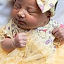 baby, sleeping, headband, bow, dress, yellow, infant, cute, peaceful, clothing, fabric, closeup, portrait, newborn, soft, child, fist, skin, indoor, adorable