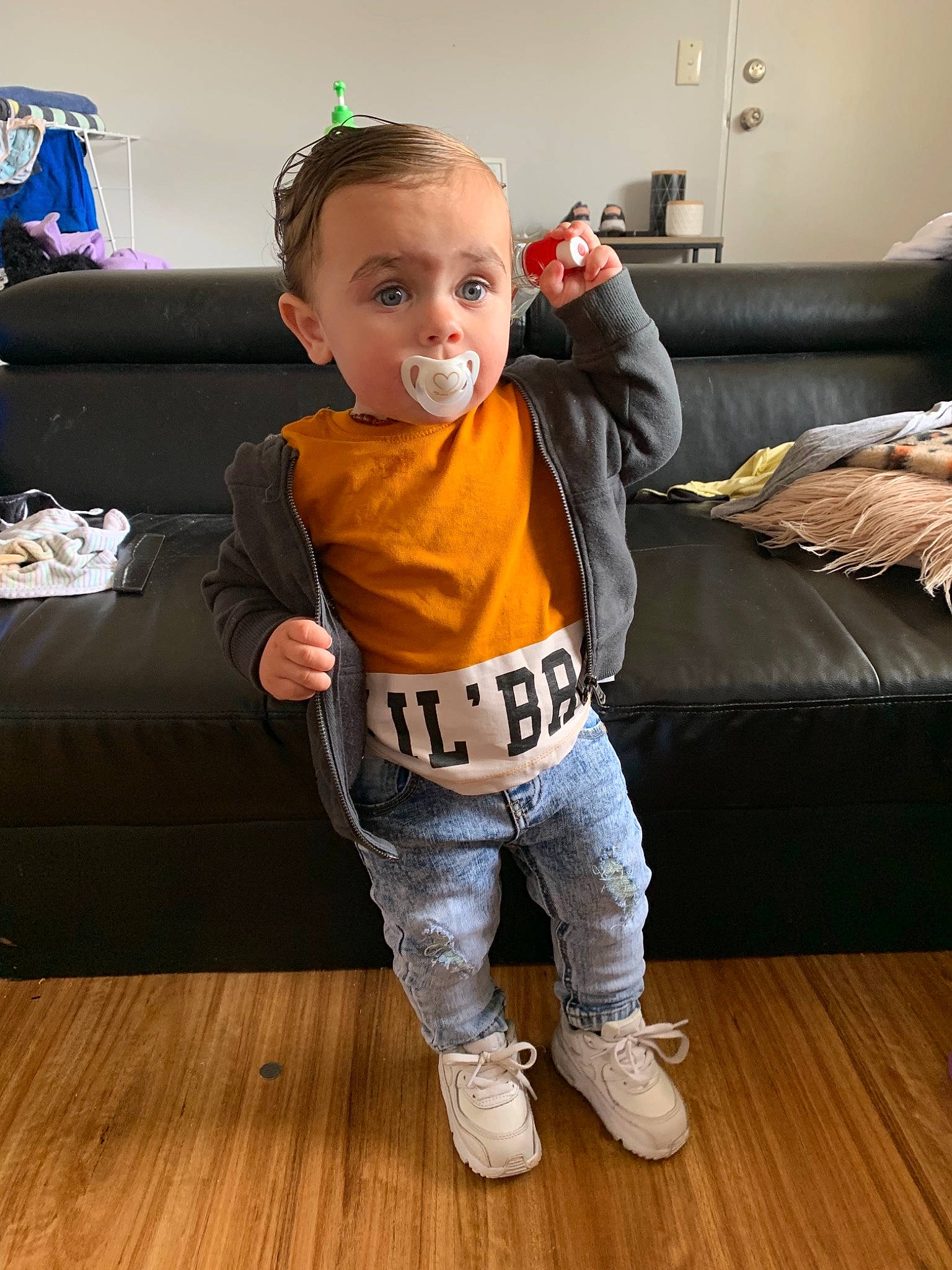 Tremaine joined the competition — help win amazing prizes! baby, cheek, child, child_model, floor, flooring, jacket, jeans, joint, outerwear, person, play, shoe, shoulder, sleeve, standing, t_shirt, toddler, top