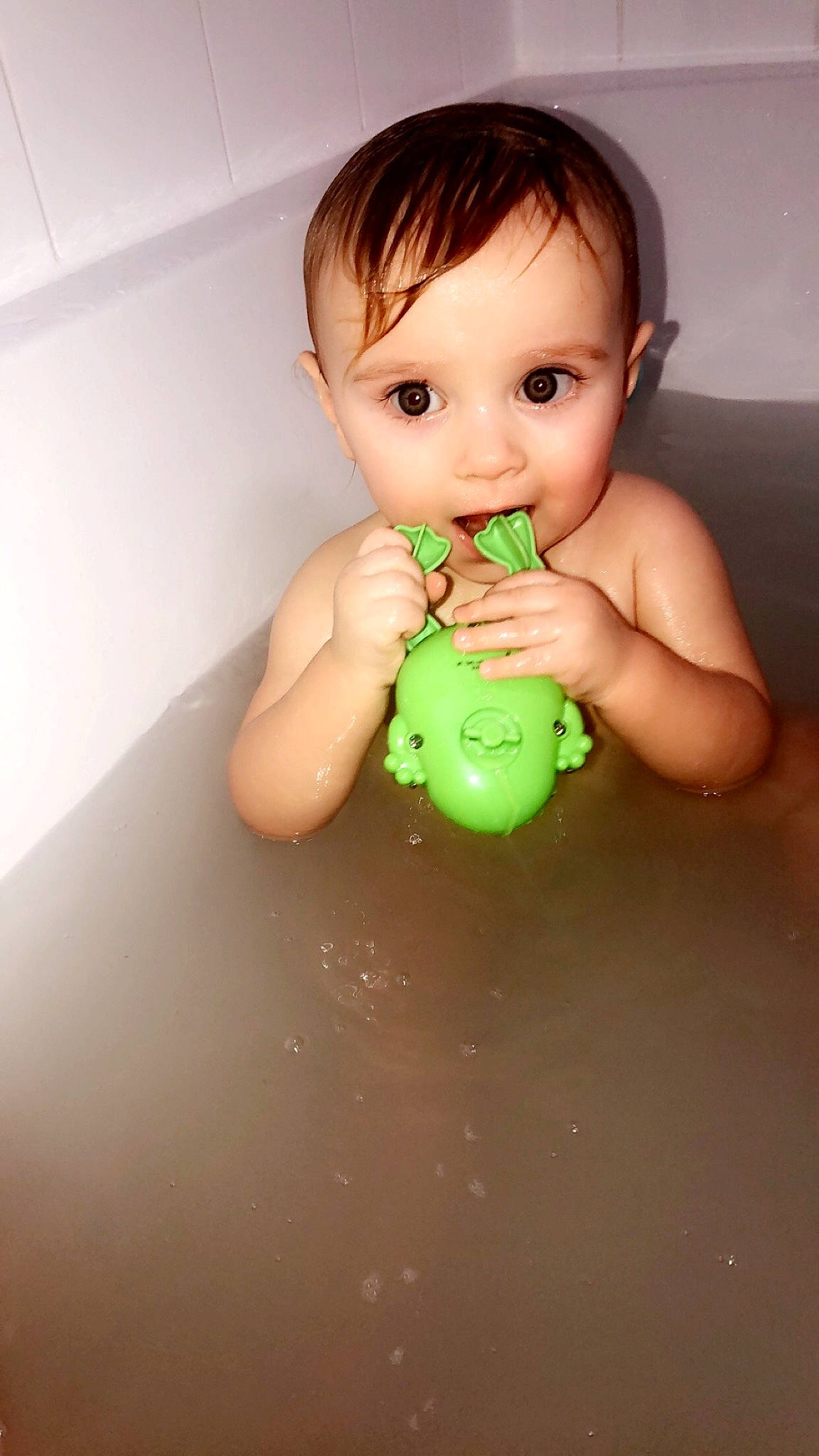 Lilly-may joined the competition — help win amazing prizes! baby, ball, bathing, bathtub, child, eye, finger, green, hand, person, play, skin, thumb, toddler, toy