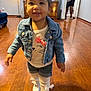 toddler, child, denim_jacket, white_shoes, leggings, shorts, indoor, wooden_floor, living_room, furniture, lamp, person, smiling, cute, walking, happy, casual_clothing, home, decor, family