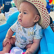 Kenai is registered to the contest to win money with this photo: baby, beach, blue, child, clothing, colorful, cute, expression, face, hat, inflatable_chair, outdoor, portrait, sand, sitting, skin, straw_hat, summer, toddler, toy