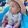 baby, beach, blue, child, clothing, colorful, cute, expression, face, hat, inflatable_chair, outdoor, portrait, sand, sitting, skin, straw_hat, summer, toddler, toy