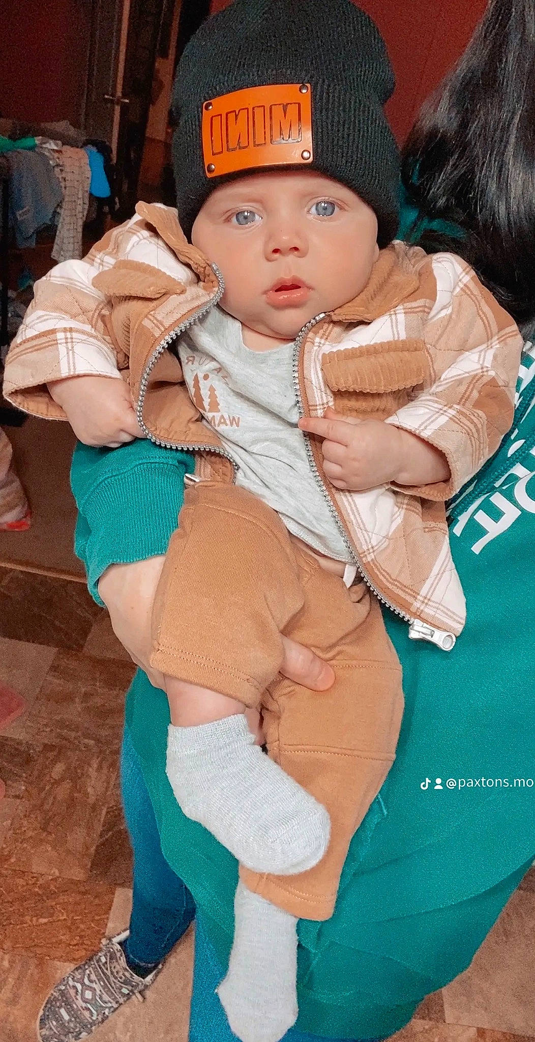 Paxton joined the competition — help win amazing prizes! abdomen, baby, baby_toddler_clothing, bag, cap, cheek, child, fashion_accessory, fun, happy, head, headgear, headwear, human_leg, person, pink, sitting, skin, sleeve, thigh