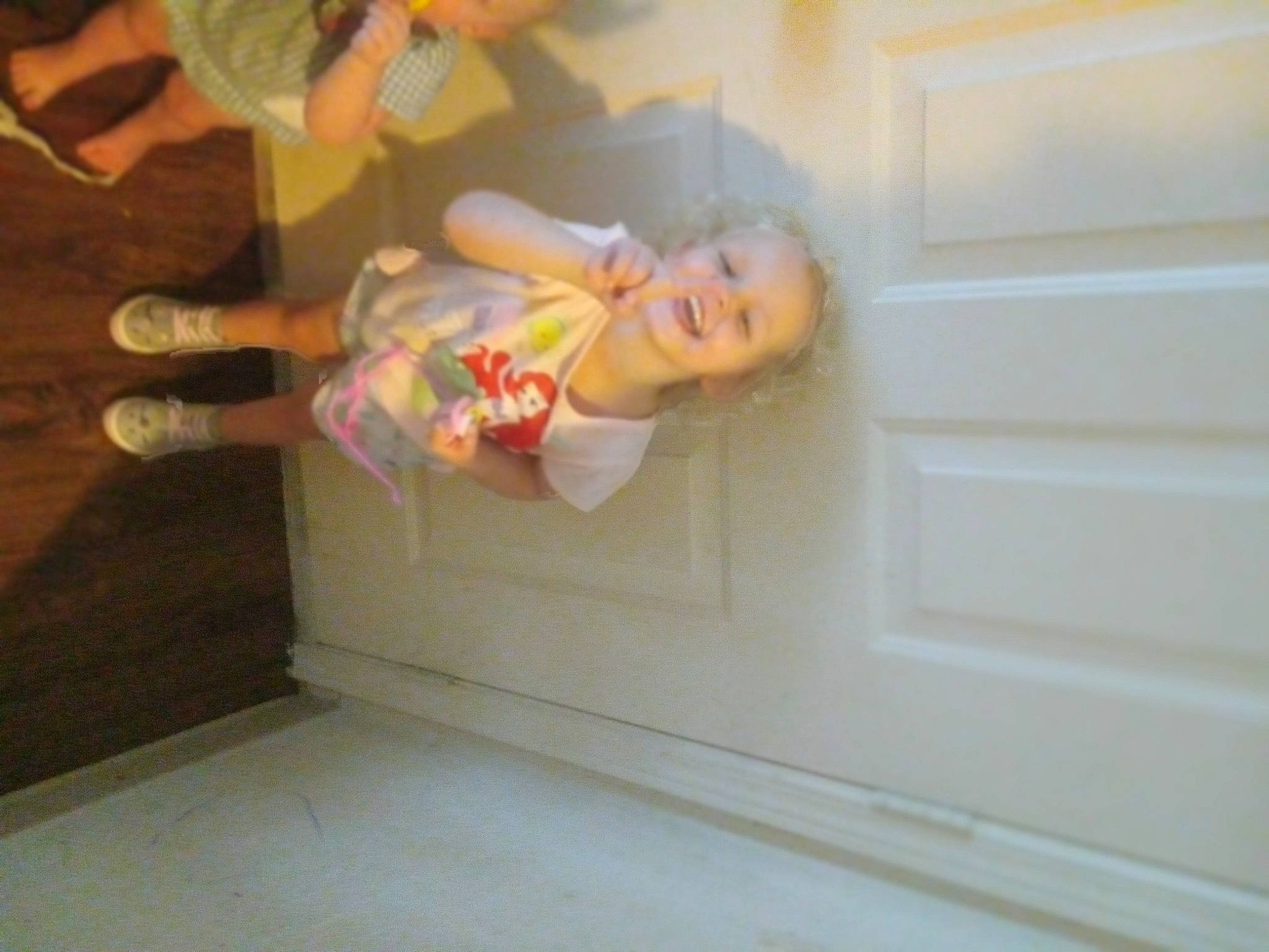 Nova Lynn joined the competition — help win amazing prizes! baby, child, flooring, foot, fun, hardwood, human_leg, knee, person, room, sandal, smile, thigh, toddler, toy, window, wood