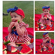 Arabella is registered to the contest to win money with this photo: baby, cap, clothing, eating, face, flower, food, fruit, grass, hat, head, lunch, meal, melon, person, photography, plant, portrait, produce, watermelon