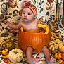 Hattie-Bloom joined the competition — help win amazing prizes! baby, pumpkin, headband, gourds, blanket, autumn, fall, cute, child, decor, orange, white_pumpkin, sitting, legs, feet, indoors, seasonal, festive, portrait, cozy