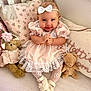 Hattie-Bloom is registered to the contest to win money with this photo: baby, child, teddy_bear, pink_dress, headband, bow, pillow, stuffed_animal, lace_tights, shoes, smiling, cute, indoors, soft_toys, seated, cozy, pastel_colors, happy, infant, decor