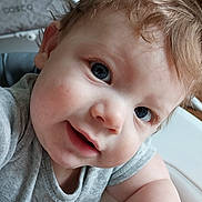 William is registered to the contest to win money with this photo: baby, blue_eyes, child, close_up, curly_hair, cute, expression, face, grey_shirt, highchair, indoor, infant, looking_up, person, portrait, skin, smile, soft_light, toddler, young_child