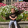 black_shirt, building, casual_clothing, child, curious_expression, daylight, flower_bed, flowers, garden, gray_pants, greenery, nature, outdoor, pink_sneakers, plants, puma_shirt, sidewalk, sunny_day, toddler, young_child