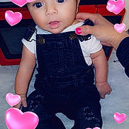 Neveah joined the competition — help win amazing prizes! baby, child, denim_overalls, white_shirt, hand, nail_polish, pink_nails, hearts, heart_graphics, face, eyes, indoor, kitchen_counter, microwave, adorable, cute, person, infant, sitting, portrait