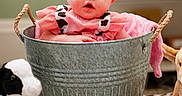 Josephine joined the competition — help win amazing prizes! adorable, animal_print, baby, baby_face, blanket, blue_eyes, bucket, child, cute, expression, funny_pose, home, indoor, infant, pink_clothing, playtime, portrait, soft_toys, toy_cow, toy_dog