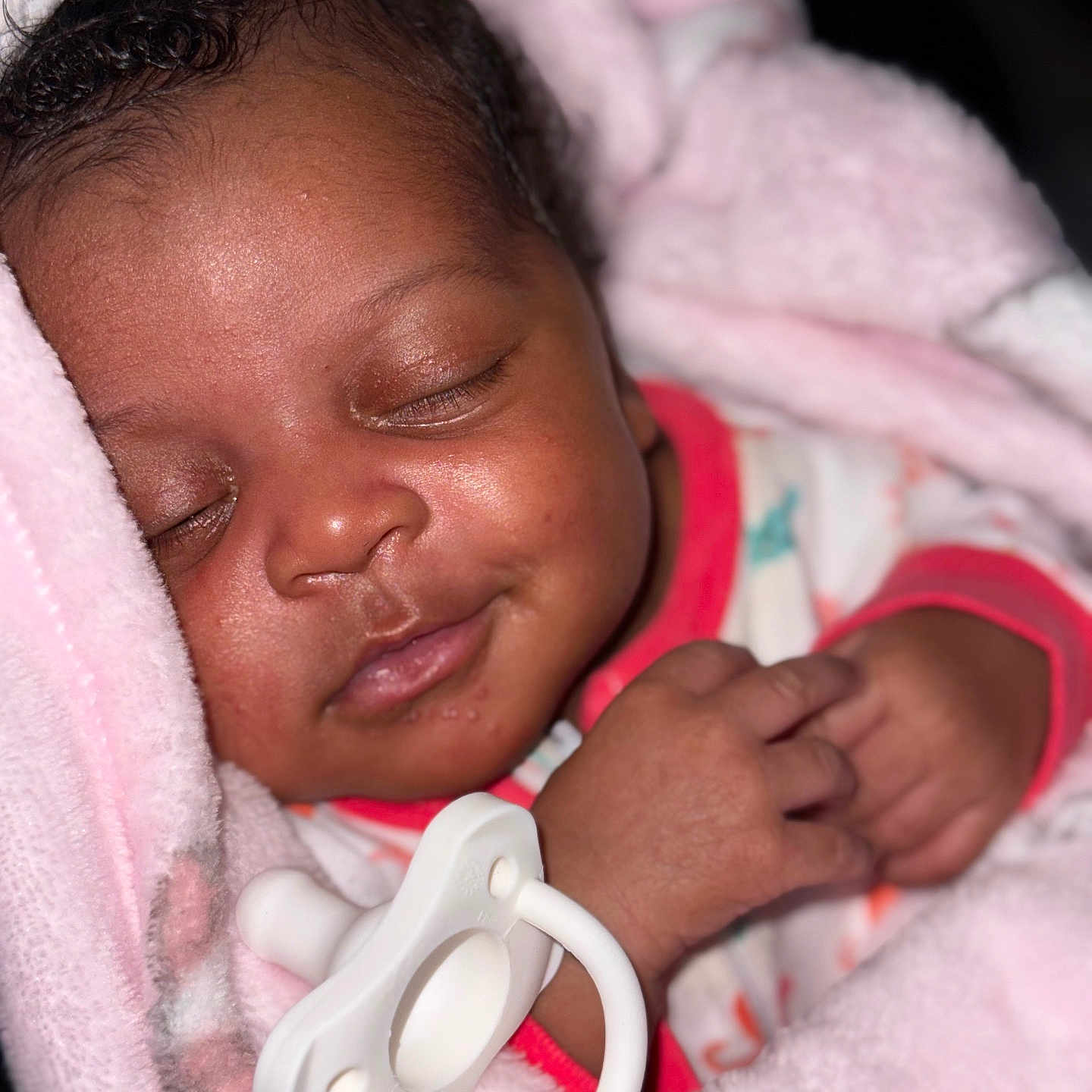 Amaya is registered to the contest to win money with this photo: baby, sleeping, pacifier, blanket, infant, cute, child, soft, cozy, pink, hands, face, peaceful, closeup, newborn, rest, comfort, portrait, warm, adorable