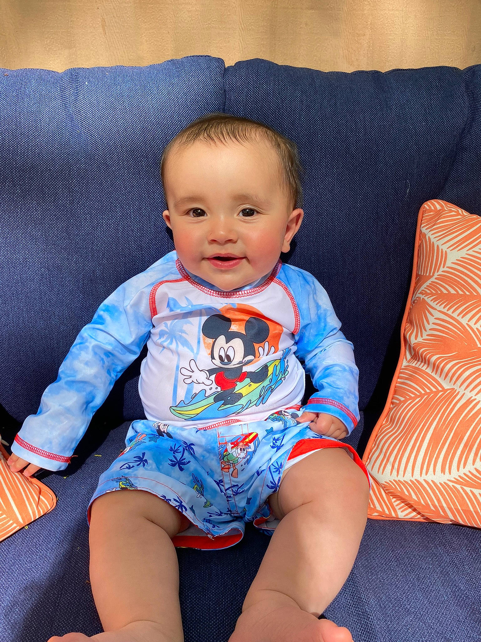 Jaxton joined the competition — help win amazing prizes! baby, baby_toddler_clothing, blue, cheek, chin, comfort, couch, electric_blue, eye, happy, head, iris, knee, person, skin, sleeve, smile, t_shirt, textile, thigh