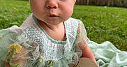 Milana is registered to the contest to win money with this photo: baby, blanket, child, closeup, cute, expression, fence, five_months, floral_embroidery, grass, green_dress, hand, headband, infant, natural_light, outdoor, person, portrait, sitting, wooden_sign
