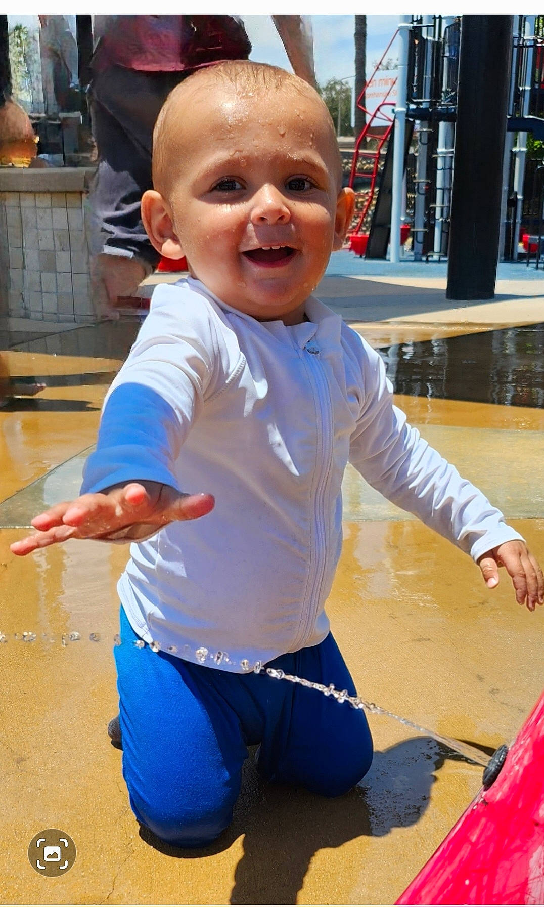 Aaron is registered to the contest to win money with this photo: baby, baby_toddler_clothing, boats_and_boating_equipment_and_supplies, child, electric_blue, flooring, fun, happy, joy, leisure, person, play, recreation, sleeve, smile, summer, t_shirt, thigh, toddler, vacation